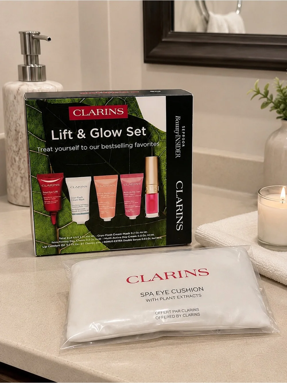 (1) Clarins Lift & Glow Set with Spa Mask Bundle - 5 Bestsellers Kit plus mask!